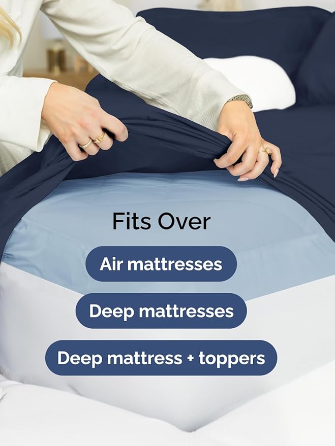 Extra Deep Pocket Split King Sheets - 5 Piece Breathable & Cooling Bed Sheets - Hotel Luxury Bed Sheet Set - Soft, Wrinkle Free & Comfy - Easily Fits Extra Deep Mattresses - Navy Blue Sheets Set