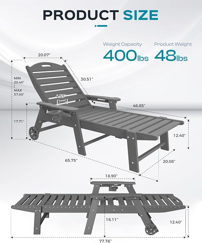 Ciokea Outdoor Lounge Chair Set of 4, HDPE Chairs with Rolling Wheels, Dark Grey