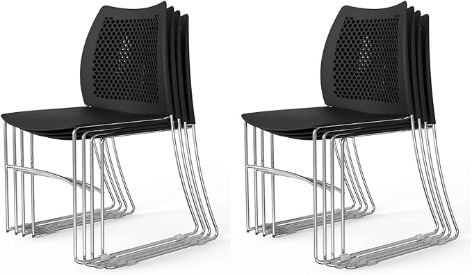 VINGLI Stacking Chairs Set of 8 Stackable Office Chairs with Metal Sled Base, Ergonomic Plastic Seat & Holes Back, Stacking Chairs for Waiting Room Break Room Banquet Guest, Black