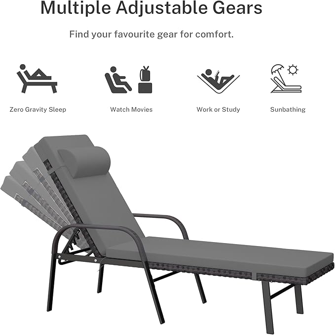 Trumbeak Patio Chaise Lounge Set 3 Pieces Pool Lounge Chairs,Cushioned Outdoor Folding Lounge Chair w/Arm and Rattan Adjustable Backrest for Poolside Porch,Folding Table Included,Grey