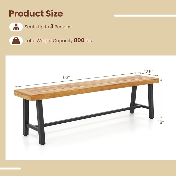 RELAX4LIFE 63’’ Outdoor Bench Acacia Wood - 3-Person Backless Patio Benches with Heavy Duty Metal Frame, Wooden Picnic Dining Garden Bench for Outside Backyard Park Porch, 800 LBS Weight Capacity (2)