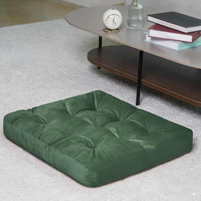 Velvet Floor Pillow,Square Large Pillows Seating for Adults, Green Tufted Cushions for Meditation, Yoga Tatami Living Room Chair Booster Machine-Washable & Dryer-Safe, Green, 22x22 Inch