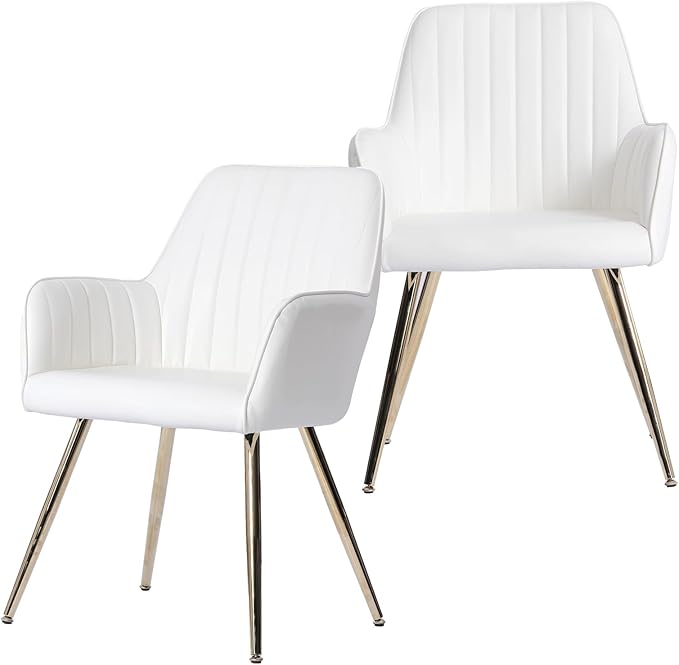 Purgreen Faux Leather Dining Chair Set of 2 - Modern Mid-Back Accent Chair with Gold Plating Legs - Comfy Upholstered Chair for Living Room，Restaurant & Reception Room (Leather Beige, Set of 2)