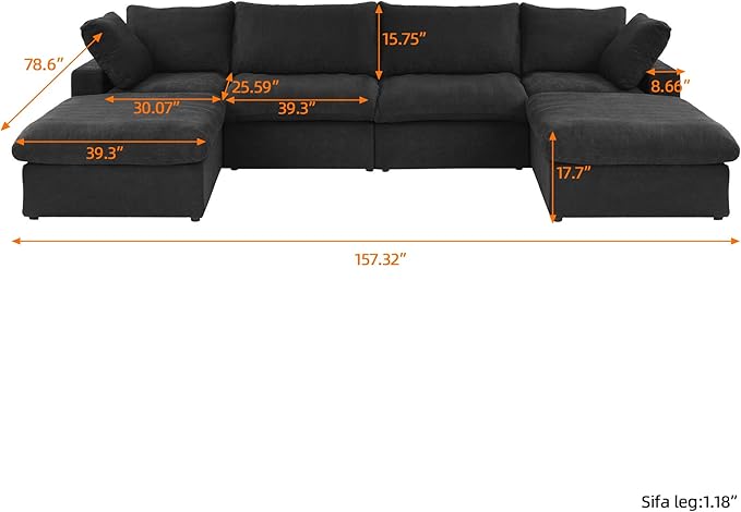 WJShome Cloud Modular Sectional Sofa with 2 Storage Ottomans,160.6" Down Filled U Shaped Sofa Couch for Living Room,6 Seater Minimalist Wide Deep Seat Convertible Couches for Office Apartment,Black