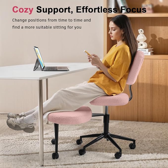 Ergonomic Cross Legged Office Chair，ADHD Chair for Adults，Height Adjustable Meditation Chair with Wheels，Teddy Fabric Yoga Kneeling Chairs with Comfortable Back Support (Pink)