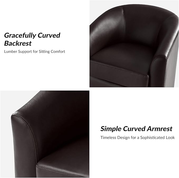 HULALA HOME Faux Leather Swivel Accent Chairs Set of 2 with Solid Wood Base, Round Swivel Barrel Chairs for Living Room and Bedroom, Brown