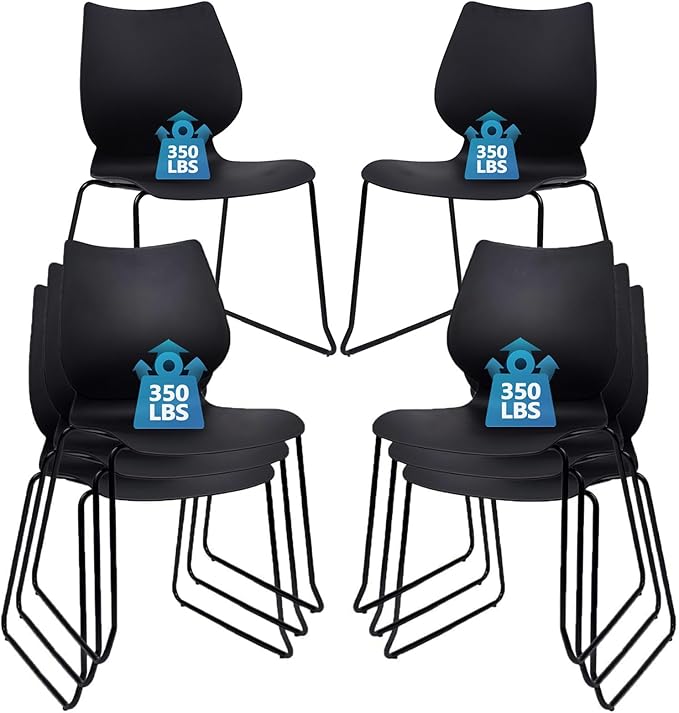 Stackable Waiting Room Chair, Stacking Office Chair with Ergonomic Lumbar Support and Metal Legs, Plastic Desk Chairs for Conference School Church Guest Reception Set of 8, Black