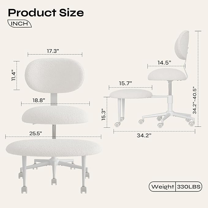 Pinmoco Ergonomic Cross Legged Office Chair with Wheels, ADHD Chair for Adults, Meditation Chair, Yoga Office Chair, Comfortable Back Support, Height Adjustable,Small Spaces, Teddy Fabric, White