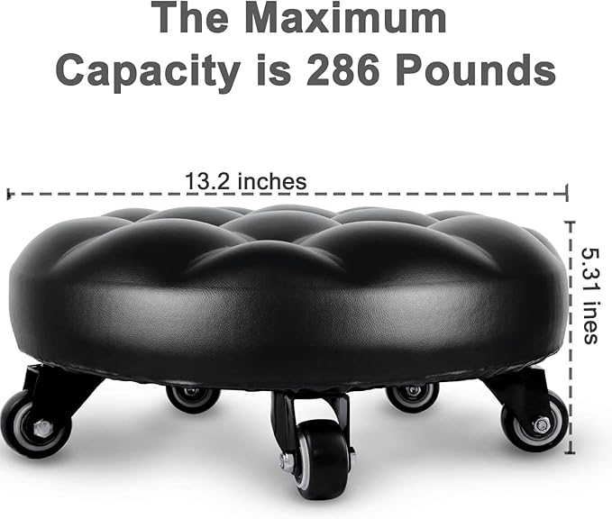 IMMER LIEBEN Rolling Stool Low to Ground Roller Seat with 5 Universal Swivel Caster Wheels for Home Office or Fitness Sport or Garage Shop PU Leather High Density Cushion and Steel Black