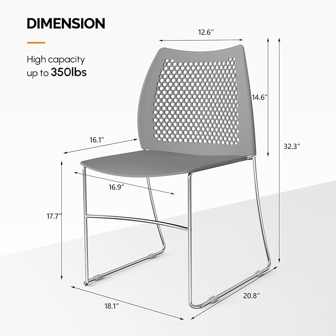 VINGLI Stacking Chairs Set of 10 Pack Stackable Office Chairs with Metal Sled Base, Ergonomic Plastic Seat & Holes Back, Stacking Chairs for Waiting Room Break Room Banquet Guest, Grey
