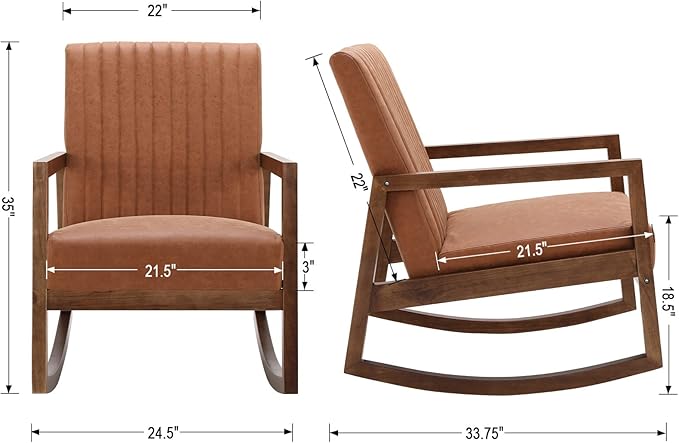 CIMOTA Leather Modern Rocking Chair Mid Century Armchair Upholstered Arm Chair with Padded Seat/Wood Frame, Comfy Rocker for Living Room/Bedroom, Retro Brown PU
