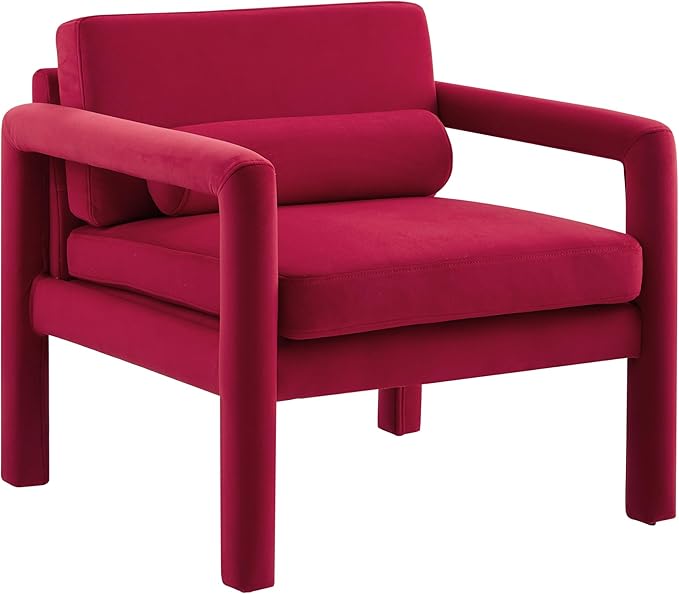 Art Leon Modern Accent Chair, Velvet Upholstered Arm Chair with Pillow, Single Sofa Chair for Living Room Bedroom, Red