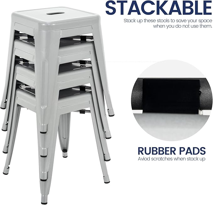 Brage Living 18 Inch Industrial Metal Stools Set of 4, Stackable Classroom Stools, Backless Metal Dining Chairs for Indoor Outdoor, Kitchen Short (Pearl Silver)