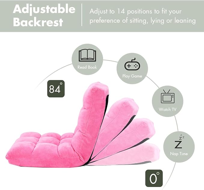 S AFSTAR Cushioned Floor Chair, 14-Position Adjustable Padded Lazy Recliner with Comfortable Back Support and Skin-Friendly Cover, Great for Reading, Playing Game, Meditating (Delightful Pink)