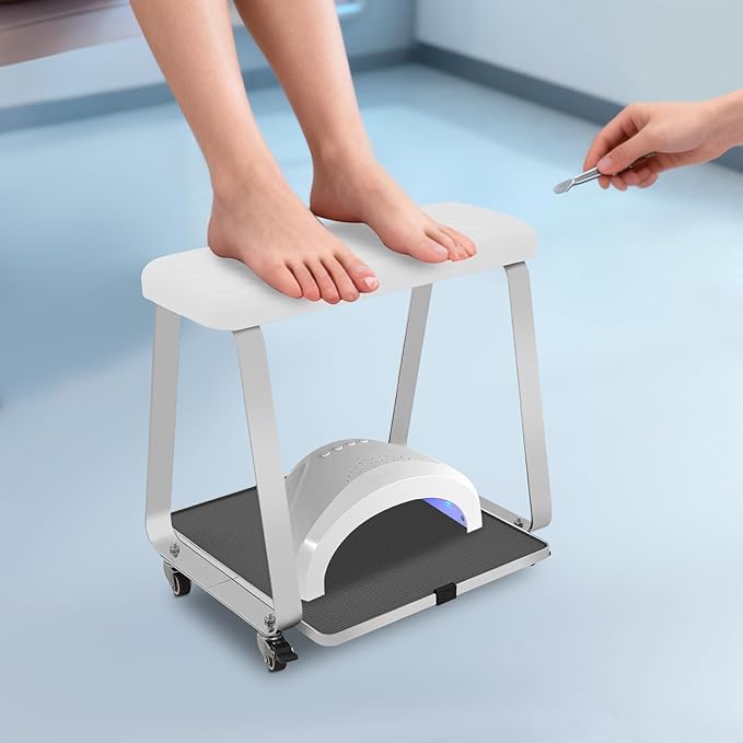 Pedicure Foot Rest, Portable Nail Salon Footrest with Organizer Tray, 110LBS Load Capacity, Lockable Casters for Beauty Nail Salon, Spa, Home, Clinic (White)