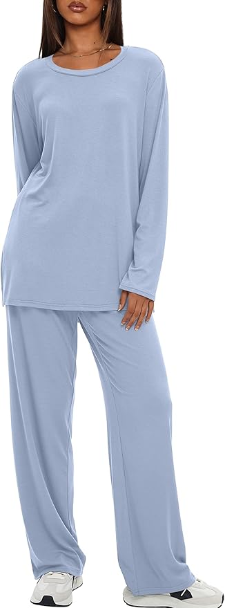 Darong Women's 2 Piece Lounge Set Casual Long Sleeve Crew Neck Tops Wide Leg Pants Travel Airport Outfit Matching Sets