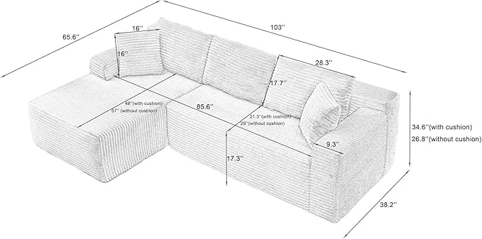 Vanress Cloud Couch Sectional, Corduroy Boneless Couch with L-Shape Chaise, Modern Modular Sectional Sofa Comfy Deep Seat for Living Room, Bedroom, No Assembly (Black, Left Facing Chaise)