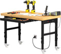 48" Heavy-Duty Solid Wood Work Bench with Drawers, Adjustable Height Workbench with Wheels, 2000 LBS Capacity Work Table with Power Outlets for Garage, Workshop(48" X 24")