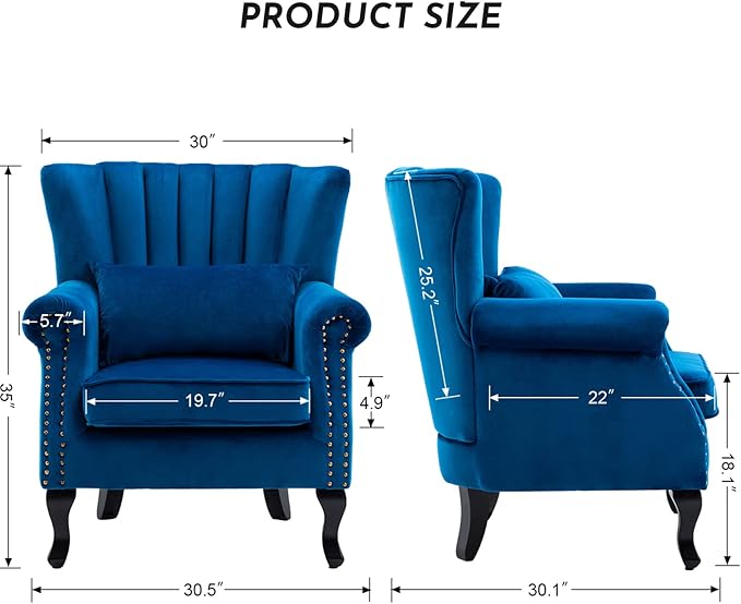 LZAREAL Accent Reading Arm Chairs Midcentury Modern Comfy Corner Sofa Chair, Wingback Waiting Room Club Chair with Tufted Back for Living Room/Bedroom/Reception Room, Velvet Blue