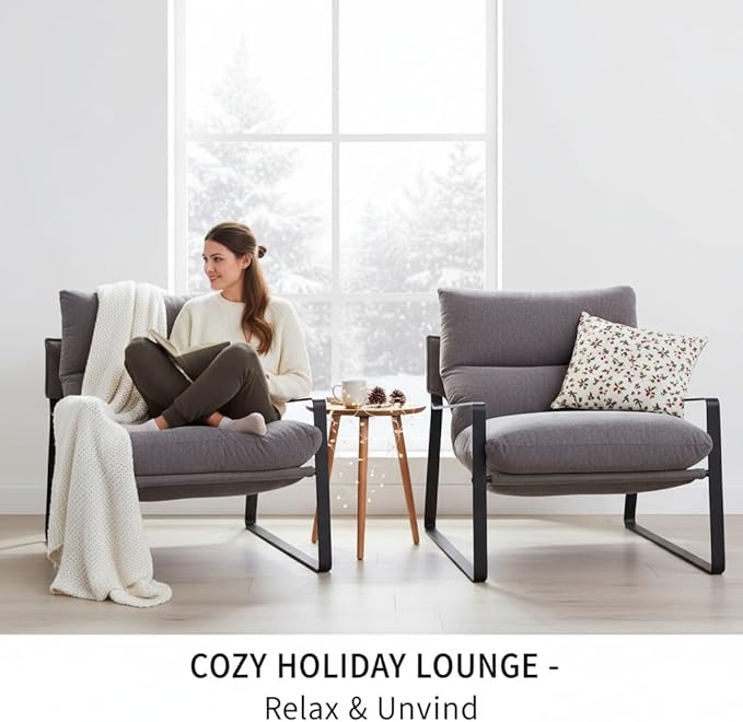 LukeAlon Modern Linen Accent Armchairs Set of 2, Upholstered Living Room Chairs with Metal Base Thickened Cushion Single Sofa Chairs Comfy Lounge Chairs for Bedroom Living Room, Grey