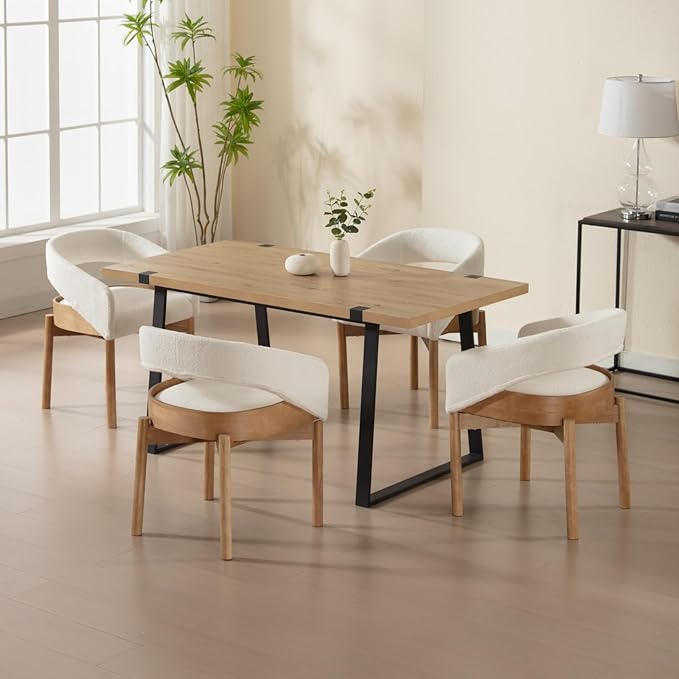 DUOMAY Modern Sherpa Dining Chairs Set of 6, Open Back Kitchen Chairs with Solid Wood Legs Upholstered Curved Back Side Chairs for Kitchen Restaurant, Fur White