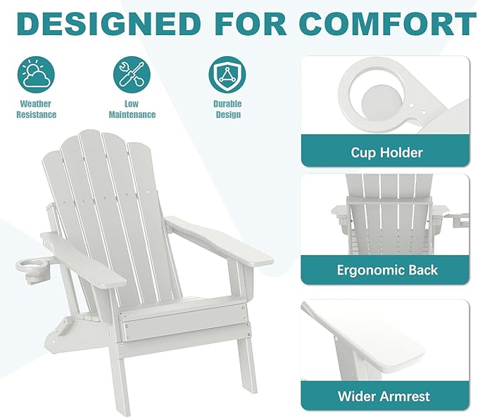 FOOWIN Adirondack Chair Set of 2, Folding Adirondack Chair with Cup Holder, HDPE All-Weather Fire Pit Chair for Patio, Garden, Backyard, Poolside, White