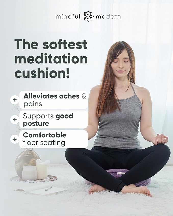 Mindful Modern Velvet Meditation Cushion | Luxe Zafu Yoga Floor Pillow Seat | Posture Support | Buckwheat Hull Filled | Large Round Cushion with Removable Washable Cover + Carry Handle