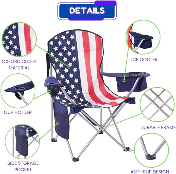EZONE 2-Pack Camping Chairs with Built-in Ice Cooler, Portable Chair, Storage Pocket, Cup Holder, and Carry Bag Perfect for Camping, Tailgating, Fishing, Beach, and Lawn (2, Flag)