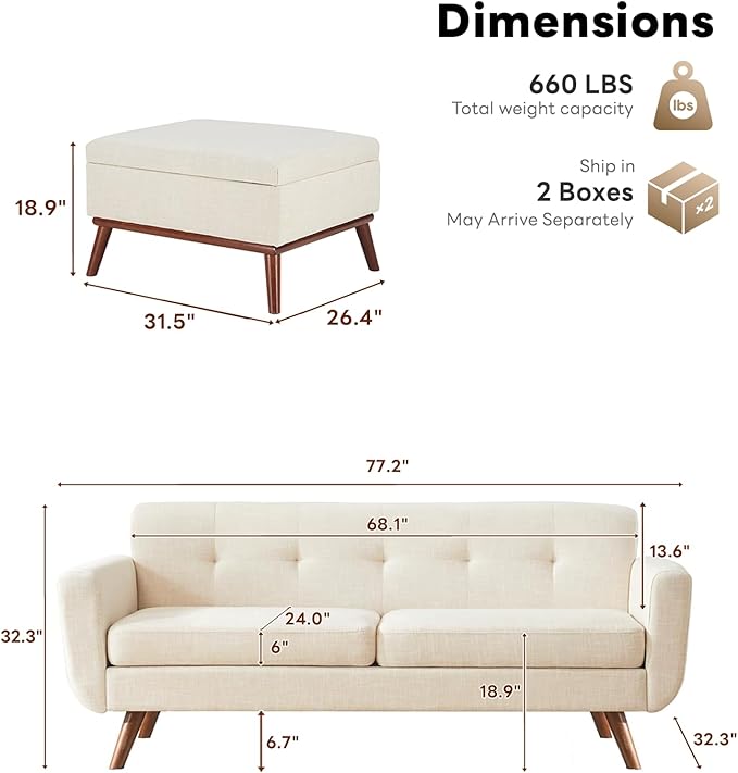 Tbfit Mid Century Modern Sofa, Loveseat Couch, Beige, Standard Sofa & Ottoman | linen fabric, button tufted, solid wood foot, pocket spring, wood slats frame