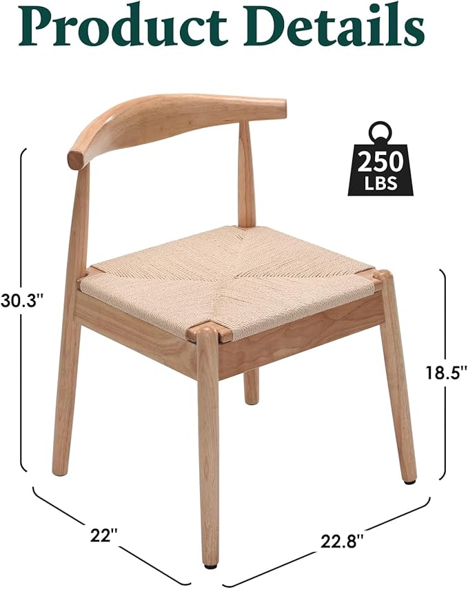 Farini Mid Century Modern Dining Chairs Set of 4, Solid Wood Frame Kitchen Chairs with Woven Upholstered Seat for Dining Room & Breakfast Nook,Natural-Beige