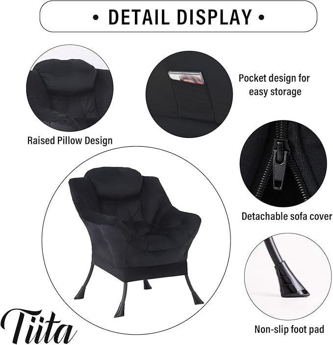 Tiita Lazy Chair, Modern Large Accent Lounge Armchair, Comfy Leisure Sofa Reading Chair for Bedroom, Living Room, Dorm Rooms, Garden and Courtyard, Black