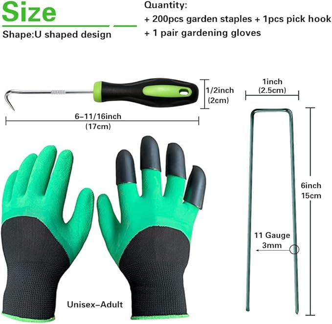 Bakulyor 200Pcs Green Landscape Staples 6 Inch Garden Artificial Turf Stakes Staples, 11 Gauge Lawn Galvanized Ground Fabric Pins for Weed Barrier Sod Decorations Holding Fence and Irrigation Tubing