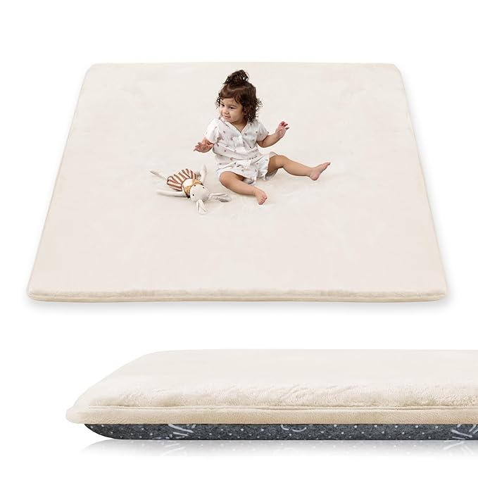 PaPaMat 1.5" Thick Baby Play Mat for Floor, 50x50 Playpen Mat, Pro Soft Flannel Foam Mats Toddler Infant Kids Crawling for Nursery Rug Playroom Living Room Waterproof Easy Care Non-Slip (Beige)