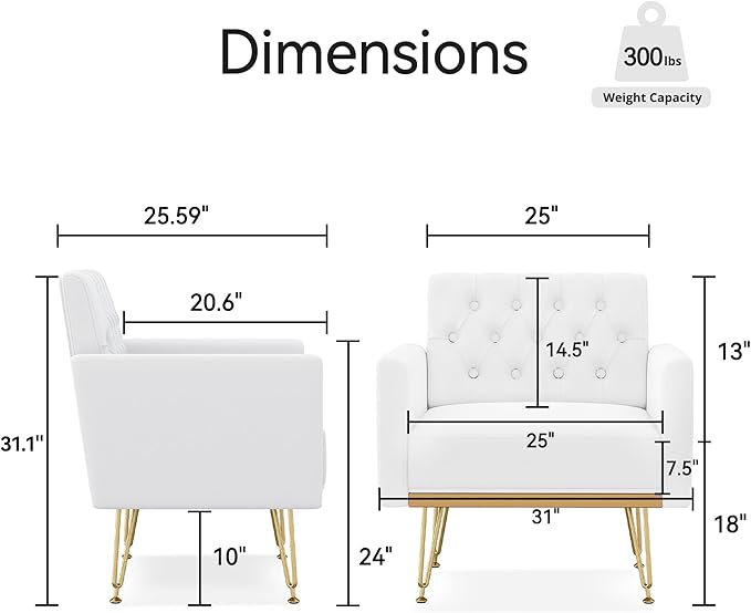 Accent Chair for Living Room, Comfy Oversized Velvet Upholstered Arm Chairs, Mid Century Modern Reading Single Sofa Side Chair with Tufted Back and Gold Legs for Bedroom (1, Pure White)