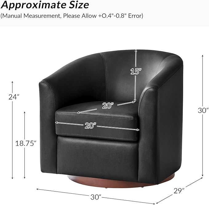 HULALA HOME Faux Leather Swivel Accent Chair with Solid Wood Base, Round Swivel Barrel Chair for Living Room and Bedroom, Black