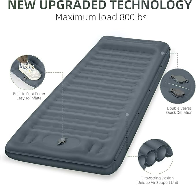 FNARMW Camping Sleeping Pad, Extra Thick 5 Inch Camping Mat with Pillow Built-in Foot Pump Inflatable Sleeping Pads Compact for Camping Backpacking Hiking Traveling Tent（Gray）