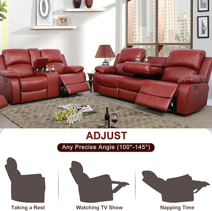 AYCP Bonded Leather Living Room Furniture Set Reclining Sofa Set Loveseat Furniture Sets in Living Room Sofa Recliners (Sofa+Loveseat, Red)