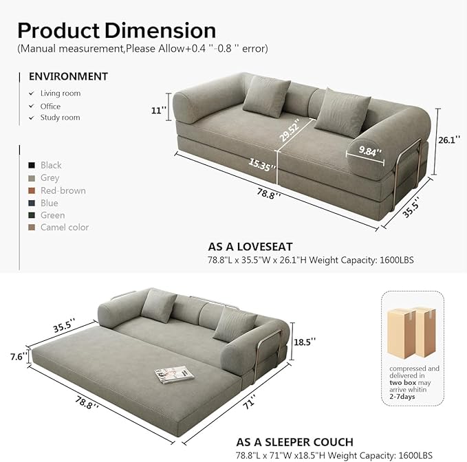 YUODL 78.8" Modular Sofa Bed - 4-in-1 Convertible Design with Corduroy Fabric and High Density Sponge, Removable Cover and Fixed Frame