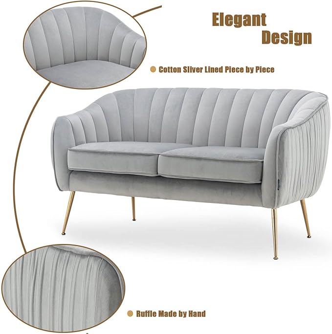 Altrobene Velvet Couch Sofa Chairs for Two People, Modern Loveseat for Living Rooms, Bedrooms, Small Spaces, Golden Finished, Grey