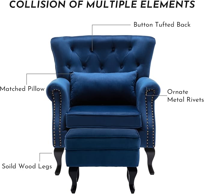 LZAREAL Accent Reading Arm Chairs with Ottoman for Living Room Bedroom, Midcentury Modern Comfy Corner Sofa Chair, Wingback Waiting Room Club Chair with Button Tufted Back &Lumbar Pillow, Velvet Blue