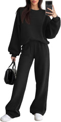 Sweetyweee Women's 2 Piece Outfits Set Fleece Lined Lounge Sweatsuit Crewneck Pullover Top Wide Leg Pants Casual Tracksuit