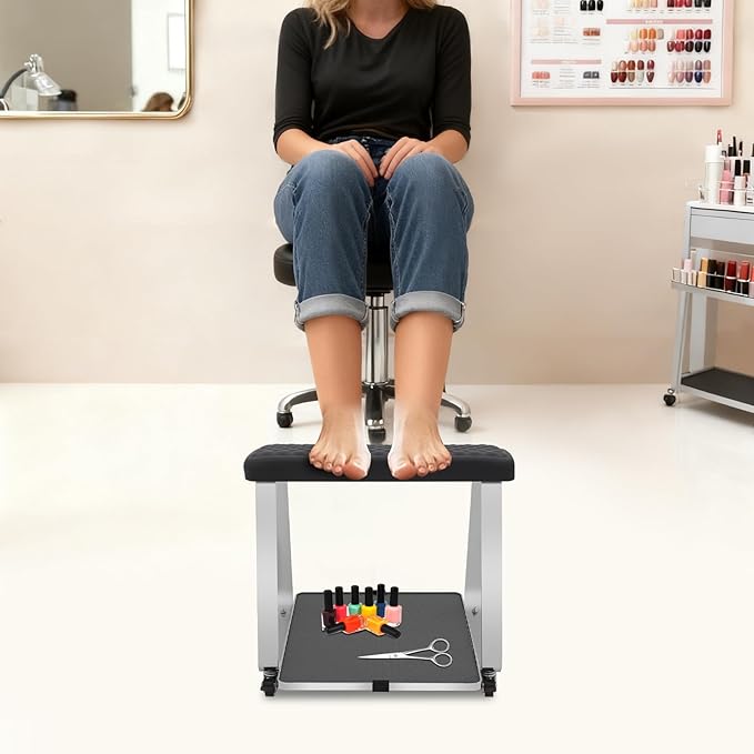 Pedicure Foot Rest, Portable Nail Salon Footrest with Organizer Tray, 110LBS Load Capacity, Lockable Casters for Beauty Nail Salon, Spa, Home, Clinic (Black)