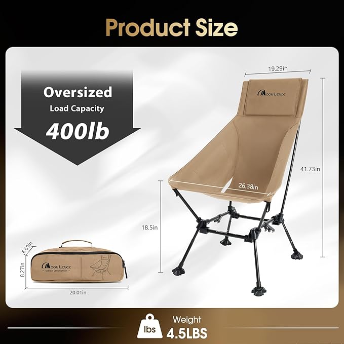 MOON LENCE Oversized High Back Camping Chair for Adults, Height Adjustable Folding Camping Chair with 400 lbs Capacity, Hidden Pillow Pocket and Wide Seat for Camping, Hiking, Picnics, Khaki
