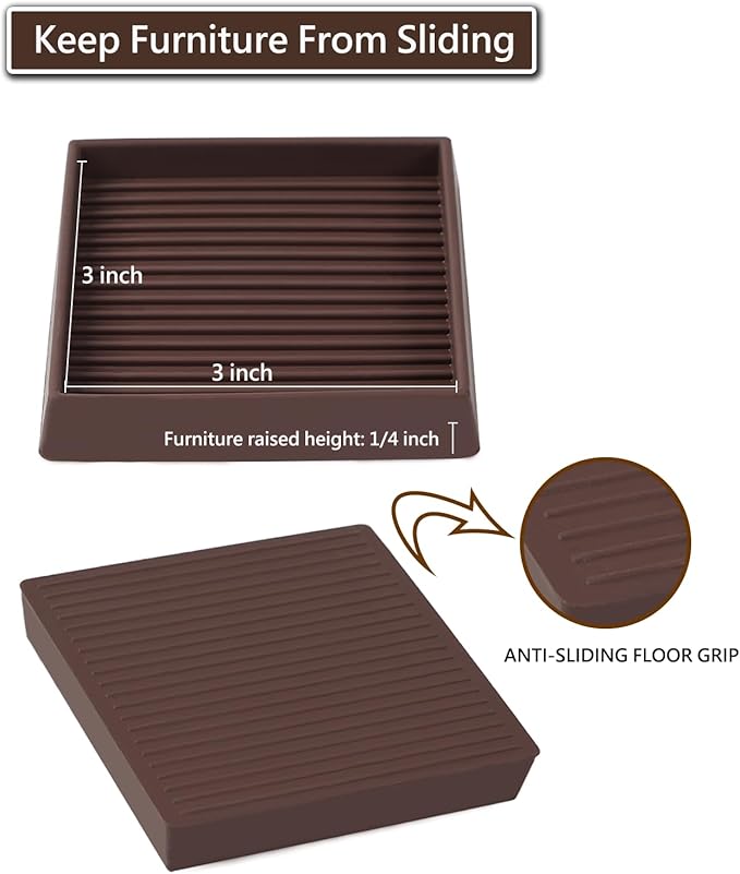 3x3 Square Rubber Furniture Caster Cups, Anti-Sliding Furniture Pads Bed Stopper Floor Protectors with Grip - Protect Any Flooring