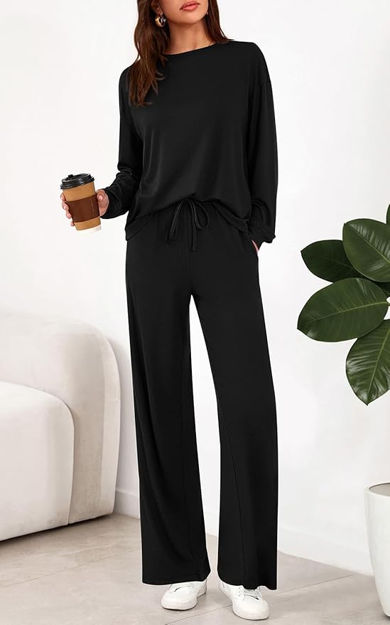 PRETTYGARDEN Womens 2 Pieces Lounge Sets Crewneck Long Sleeve Wide Leg Drawstring Pants Tracksuits Loose Fit Outfits Set