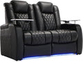 Weilianda Home Theater Seating Top Grain Leather Zero Gravity Recliner Chair Power Headrest Recline Movie Seat Gaming 7 Colors Mood Light Sofa with Tray Table USB Charge Row of 2 Loveseat Black