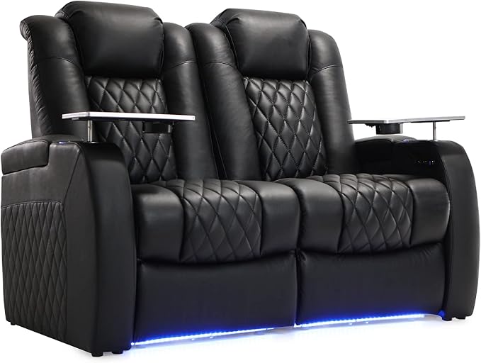 Weilianda Home Theater Seating Top Grain Leather Zero Gravity Recliner Chair Power Headrest Recline Movie Seat Gaming 7 Colors Mood Light Sofa with Tray Table USB Charge Row of 2 Loveseat Black