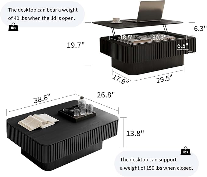 FGXJY Lift Top Coffee Table with Storage, Solid Wood Coffee Table with Adjustable Height, Fluted Center Table Accent Tea Table for Living Room, Apartment, Office (38.6" Black)
