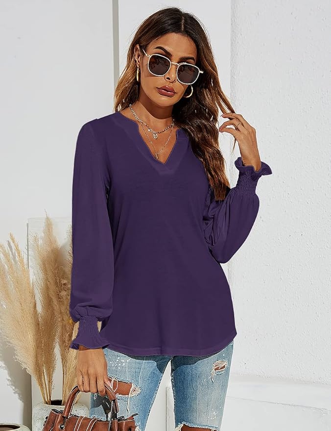 Romanstii Women's Casual V-Neck T-Shirts Loose Puff Long Sleeve Tops Tunic Blouses