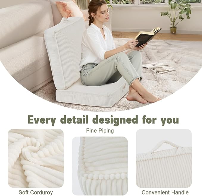 PRIMEPATIO Floor Pillow for Adults, 4" Square Floor Cushions with Washable Cover, Large Corduroy Meditation Pillow, 24 inches Tatami Seat with Handle for Living Room or Yoga, Beige